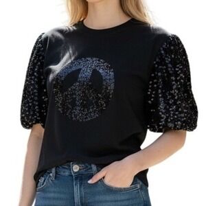 Umgee Women's Black Sequin Peace Sign Puff Sleeve Top Size Medium NWT